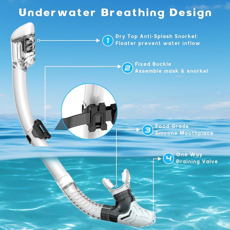 wutrye Snorkeling Gear for Adults, Dry Top Snorkel Mask Set, Diving Scuba Mask, Swimming Goggles with Nose Cover, HD Tempered Glass Panoramic Swim Freediving Anti-Leak Anti-Fog Travel Packages - Image 5